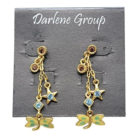 Darlene Group Gold Toned Post Dangle Earrings Enamel Dragonfly Star Rhinestone A - Picture 1 of 4